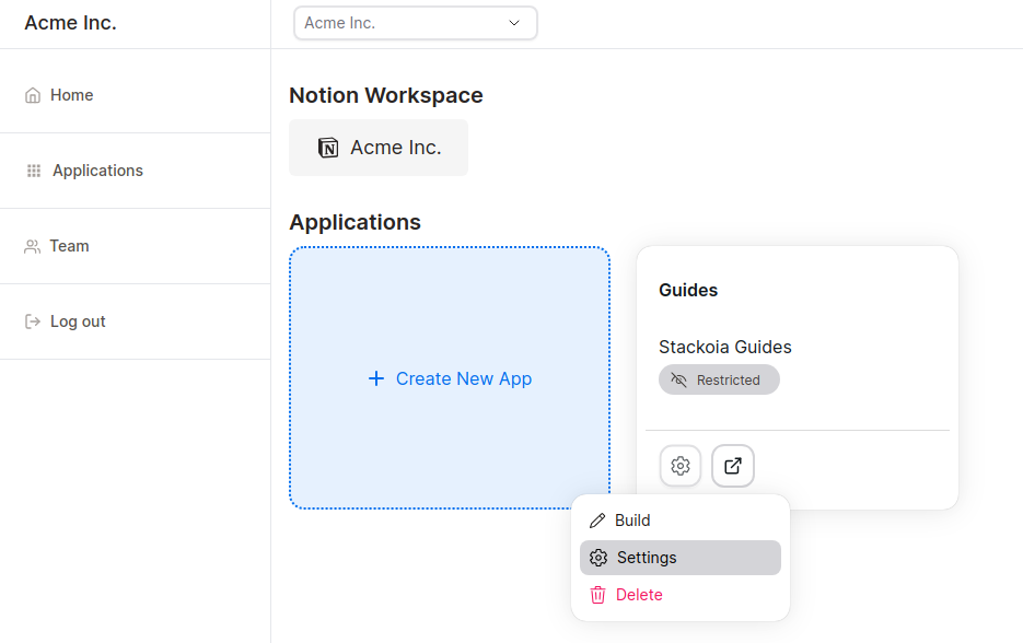 Stackoia dashboard applications click on application settings